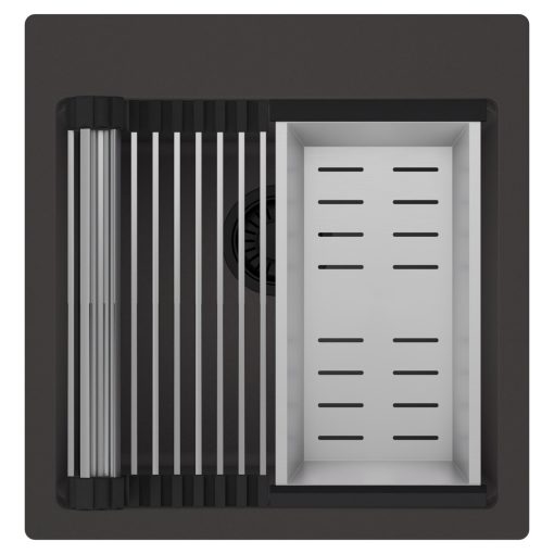 HD Infinity Antracit 48 egymedencés gránit mosogatótálca szett, acél csepegtetőráccsal és kosárral, matt antracit színben, matt fekete leeresztő szifonnal