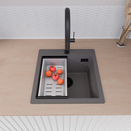 HD Infinity Antracit 48 egymedencés gránit mosogatótálca szett, acél csepegtetőráccsal és kosárral, matt antracit színben, matt fekete leeresztő szifonnal