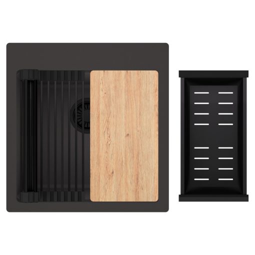 HD Infinity Antracit 48 egymedencés gránit mosogatótálca szett, vágódeszkával, matt fekete csepegtetőráccsal és kosárral, matt antracit színben, matt fekete leeresztő szifonnal