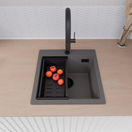 HD Infinity Antracit 48 egymedencés gránit mosogatótálca szett, vágódeszkával, matt fekete csepegtetőráccsal és kosárral, matt antracit színben, matt fekete leeresztő szifonnal