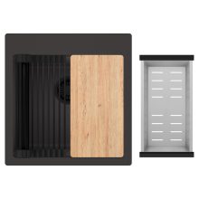 HD Infinity Antracit 48 egymedencés gránit mosogatótálca szett, vágódeszkával, matt fekete csepegtetőráccsal és krómozott kosárral, matt antracit színben, matt fekete leeresztő szifonnal