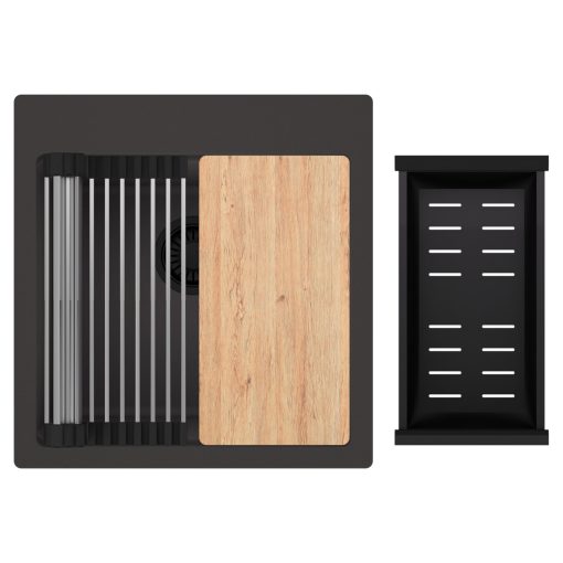 HD Infinity Antracit 48 egymedencés gránit mosogatótálca szett, vágódeszkával, acél csepegtetőráccsal és matt fekete kosárral, matt antracit színben, matt fekete leeresztő szifonnal