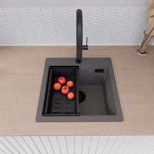 HD Infinity Antracit 48 egymedencés gránit mosogatótálca szett, vágódeszkával, acél csepegtetőráccsal és matt fekete kosárral, matt antracit színben, matt fekete leeresztő szifonnal