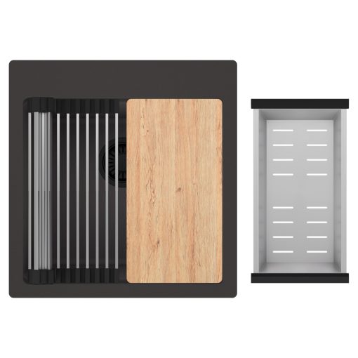 HD Infinity Antracit 48 egymedencés gránit mosogatótálca szett, vágódeszkával, acél csepegtetőráccsal és kosárral, matt antracit színben, matt fekete leeresztő szifonnal