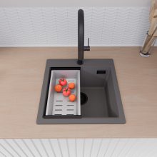 HD Infinity Antracit 48 egymedencés gránit mosogatótálca szett, vágódeszkával, acél csepegtetőráccsal és kosárral, matt antracit színben, matt fekete leeresztő szifonnal