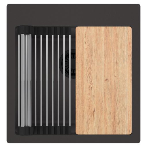 HD Infinity Antracit 48 egymedencés gránit mosogatótálca szett, vágódeszkával, acél csepegtetőráccsal, matt antracit színben, matt fekete leeresztő szifonnal