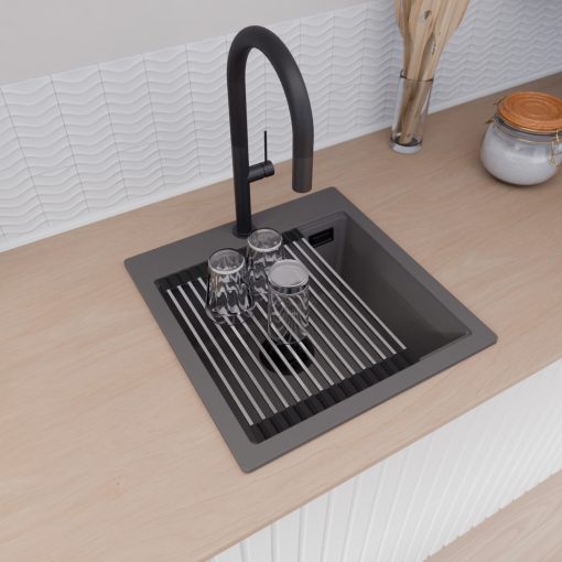 HD Infinity Antracit 48 egymedencés gránit mosogatótálca szett, vágódeszkával, acél csepegtetőráccsal, matt antracit színben, matt fekete leeresztő szifonnal