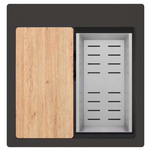 HD Infinity Antracit 48 egymedencés gránit mosogatótálca szett, vágódeszkával, acél csepegtetőkosárral, matt antracit színben, matt fekete leeresztő szifonnal