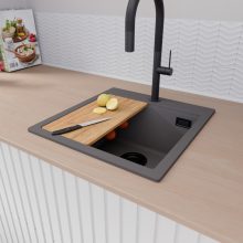 HD Infinity Antracit 48 egymedencés gránit mosogatótálca szett, vágódeszkával, acél csepegtetőkosárral, matt antracit színben, matt fekete leeresztő szifonnal