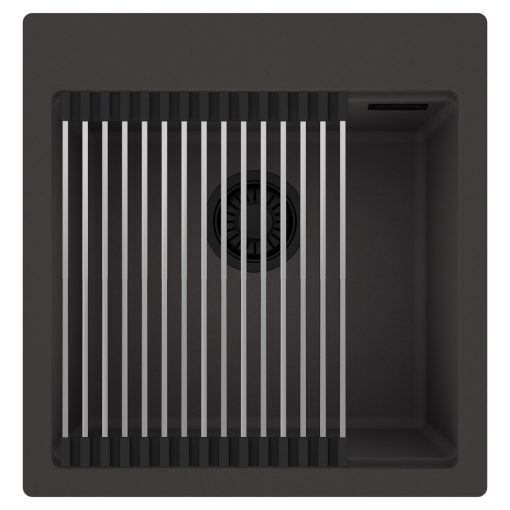 HD Infinity Antracit 48 egymedencés gránit mosogatótálca szett, acél csepegtetőráccsal, matt antracit színben, matt fekete leeresztő szifonnal