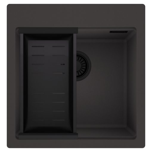 HD Infinity Antracit 48 egymedencés gránit mosogatótálca szett, matt fekete csepegtetőkosárral, matt antracit színben, matt fekete leeresztő szifonnal