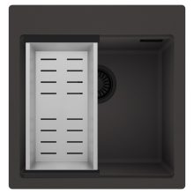 HD Infinity Antracit 48 egymedencés gránit mosogatótálca szett, acél csepegtetőkosárral, matt antracit színben, matt fekete leeresztő szifonnal