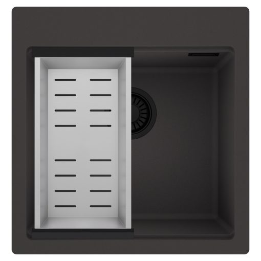 HD Infinity Antracit 48 egymedencés gránit mosogatótálca szett, acél csepegtetőkosárral, matt antracit színben, matt fekete leeresztő szifonnal