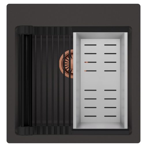 HD Infinity Antracit 48 egymedencés gránit mosogatótálca szett, matt fekete csepegtetőráccsal és krómozott kosárral, matt antracit színben, szálcsiszolt réz leeresztő szifonnal