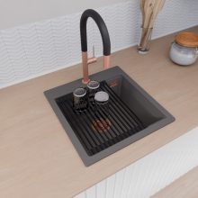 HD Infinity Antracit 48 egymedencés gránit mosogatótálca szett, matt fekete csepegtetőráccsal és krómozott kosárral, matt antracit színben, szálcsiszolt réz leeresztő szifonnal