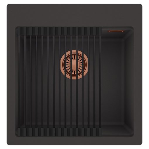 HD Infinity Antracit 48 egymedencés gránit mosogatótálca szett, matt fekete csepegtetőráccsal, matt antracit színben, szálcsiszolt réz leeresztő szifonnal