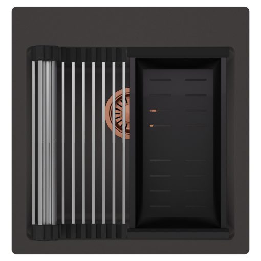 HD Infinity Antracit 48 egymedencés gránit mosogatótálca szett, acél csepegtetőráccsal és matt fekete kosárral, matt antracit színben, szálcsiszolt réz leeresztő szifonnal