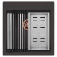 HD Infinity Antracit 48 egymedencés gránit mosogatótálca szett, acél csepegtetőráccsal és kosárral, matt antracit színben, szálcsiszolt réz leeresztő szifonnal