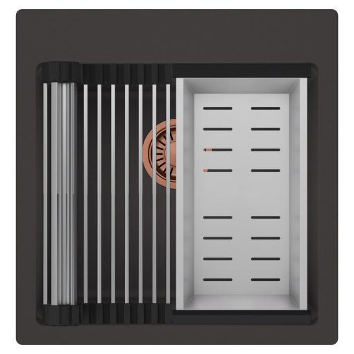 HD Infinity Antracit 48 egymedencés gránit mosogatótálca szett, acél csepegtetőráccsal és kosárral, matt antracit színben, szálcsiszolt réz leeresztő szifonnal