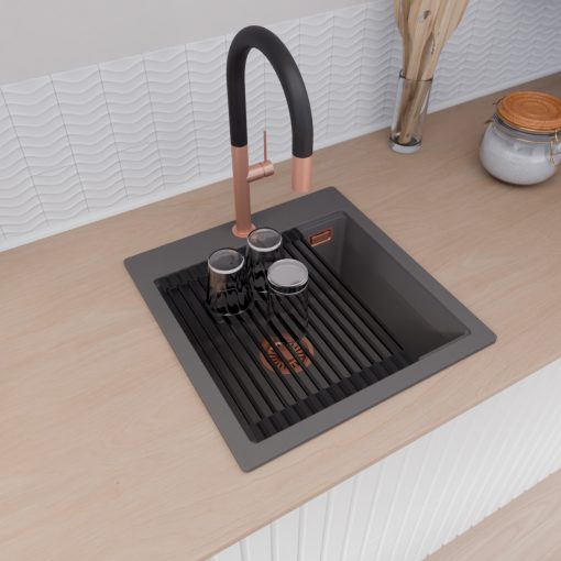 HD Infinity Antracit 48 egymedencés gránit mosogatótálca szett, vágódeszkával, matt fekete csepegtetőráccsal és kosárral, matt antracit színben, szálcsiszolt réz leeresztő szifonnal