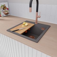 HD Infinity Antracit 48 egymedencés gránit mosogatótálca szett, vágódeszkával, matt fekete csepegtetőráccsal és krómozott kosárral, matt antracit színben, szálcsiszolt réz leeresztő szifonnal