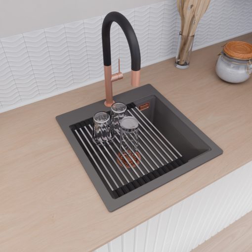 HD Infinity Antracit 48 egymedencés gránit mosogatótálca szett, vágódeszkával, acél csepegtetőráccsal és matt fekete kosárral, matt antracit színben, szálcsiszolt réz leeresztő szifonnal
