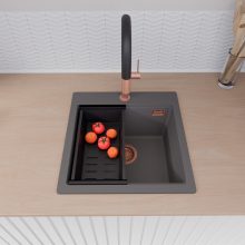 HD Infinity Antracit 48 egymedencés gránit mosogatótálca szett, vágódeszkával, acél csepegtetőráccsal és matt fekete kosárral, matt antracit színben, szálcsiszolt réz leeresztő szifonnal