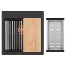 HD Infinity Antracit 48 egymedencés gránit mosogatótálca szett, vágódeszkával, acél csepegtetőráccsal és kosárral, matt antracit színben, szálcsiszolt réz leeresztő szifonnal