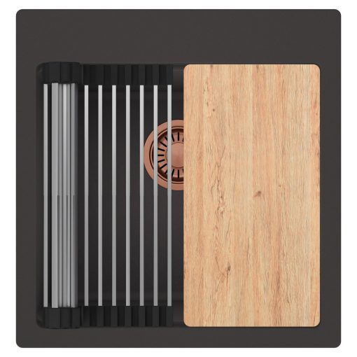 HD Infinity Antracit 48 egymedencés gránit mosogatótálca szett, vágódeszkával, acél csepegtetőráccsal, matt antracit színben, szálcsiszolt réz leeresztő szifonnal