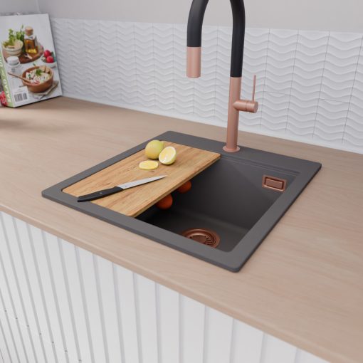 HD Infinity Antracit 48 egymedencés gránit mosogatótálca szett, vágódeszkával, acél csepegtetőráccsal, matt antracit színben, szálcsiszolt réz leeresztő szifonnal