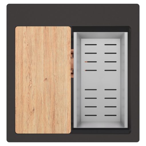 HD Infinity Antracit 48 egymedencés gránit mosogatótálca szett, vágódeszkával, acél csepegtetőkosárral, matt antracit színben, szálcsiszolt réz leeresztő szifonnal