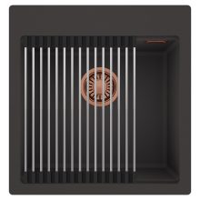 HD Infinity Antracit 48 egymedencés gránit mosogatótálca szett, acél csepegtetőráccsal, matt antracit színben, szálcsiszolt réz leeresztő szifonnal