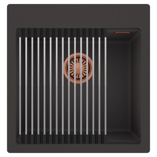 HD Infinity Antracit 48 egymedencés gránit mosogatótálca szett, acél csepegtetőráccsal, matt antracit színben, szálcsiszolt réz leeresztő szifonnal