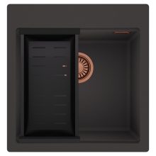 HD Infinity Antracit 48 egymedencés gránit mosogatótálca szett, matt fekete csepegtetőkosárral, matt antracit színben, szálcsiszolt réz leeresztő szifonnal