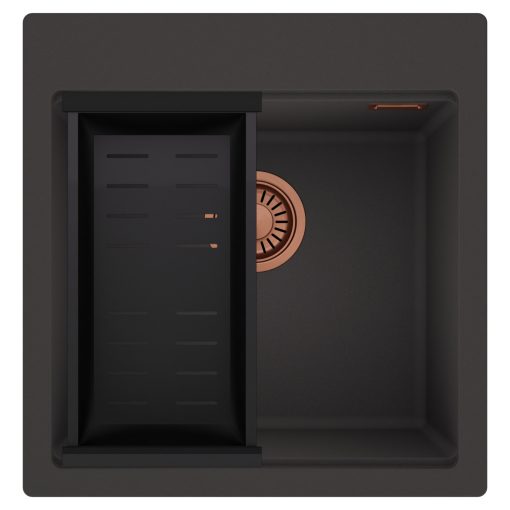 HD Infinity Antracit 48 egymedencés gránit mosogatótálca szett, matt fekete csepegtetőkosárral, matt antracit színben, szálcsiszolt réz leeresztő szifonnal
