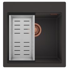 HD Infinity Antracit 48 egymedencés gránit mosogatótálca szett, acél csepegtetőkosárral, matt antracit színben, szálcsiszolt réz leeresztő szifonnal