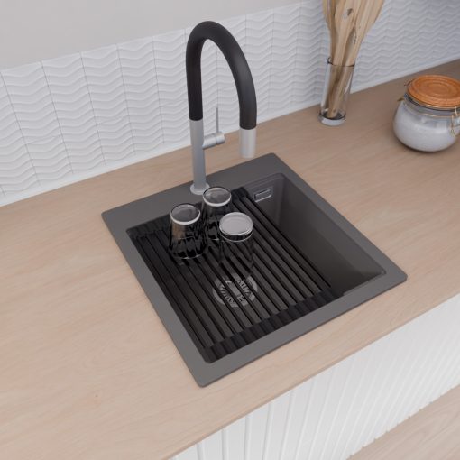 HD Infinity Antracit 48 egymedencés gránit mosogatótálca szett, matt fekete csepegtetőráccsal és krómozott kosárral, matt antracit színben