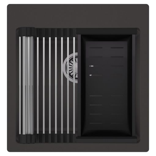 HD Infinity Antracit 48 egymedencés gránit mosogatótálca szett, acél csepegtetőráccsal és matt fekete kosárral, matt antracit színben