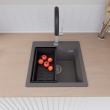 HD Infinity Antracit 48 egymedencés gránit mosogatótálca szett, acél csepegtetőráccsal és matt fekete kosárral, matt antracit színben