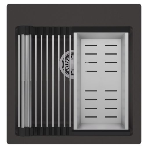 HD Infinity Antracit 48 egymedencés gránit mosogatótálca szett, acél csepegtetőráccsal és kosárral, matt antracit színben