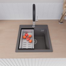 HD Infinity Antracit 48 egymedencés gránit mosogatótálca szett, acél csepegtetőráccsal és kosárral, matt antracit színben