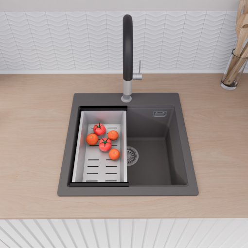 HD Infinity Antracit 48 egymedencés gránit mosogatótálca szett, vágódeszkával, matt fekete csepegtetőráccsal és krómozott kosárral, matt antracit színben
