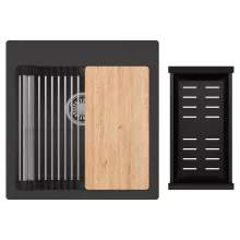 HD Infinity Antracit 48 egymedencés gránit mosogatótálca szett, vágódeszkával, acél csepegtetőráccsal és matt fekete kosárral, matt antracit színben