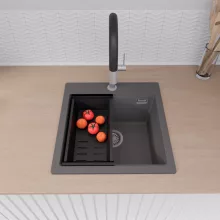 HD Infinity Antracit 48 egymedencés gránit mosogatótálca szett, vágódeszkával, acél csepegtetőráccsal és matt fekete kosárral, matt antracit színben