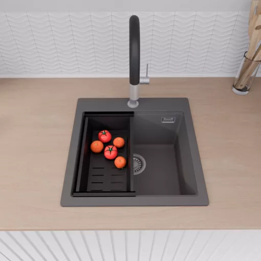 HD Infinity Antracit 48 egymedencés gránit mosogatótálca szett, vágódeszkával, acél csepegtetőráccsal és matt fekete kosárral, matt antracit színben