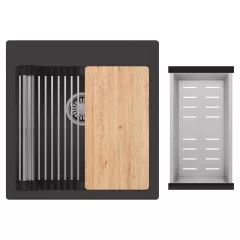   HD Infinity Antracit 48 egymedencés gránit mosogatótálca szett, vágódeszkával, acél csepegtetőráccsal és kosárral, matt antracit színben