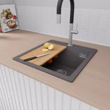 HD Infinity Antracit 48 egymedencés gránit mosogatótálca szett, vágódeszkával, acél csepegtetőráccsal és kosárral, matt antracit színben