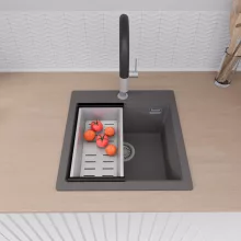 HD Infinity Antracit 48 egymedencés gránit mosogatótálca szett, vágódeszkával, acél csepegtetőkosárral, matt antracit színben