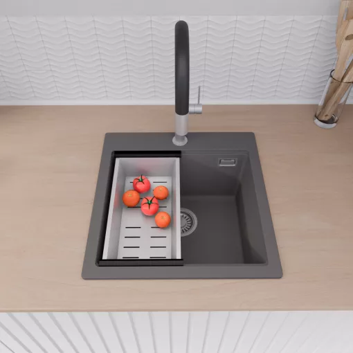 HD Infinity Antracit 48 egymedencés gránit mosogatótálca szett, vágódeszkával, acél csepegtetőkosárral, matt antracit színben