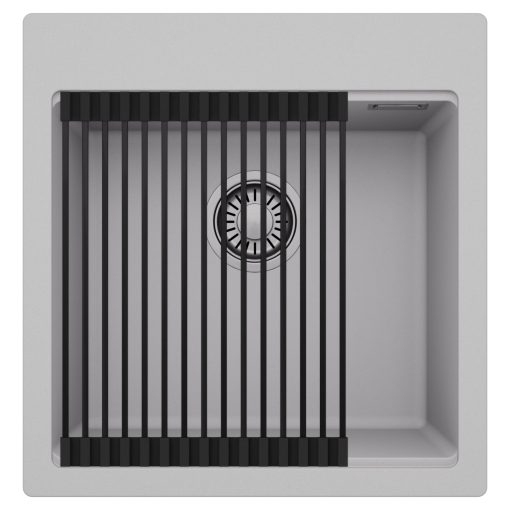 HD Infinity Grey 48 egymedencés gránit mosogatótálca szett, matt fekete csepegtetőráccsal, alpesi szürke színben, szálcsiszolt króm leeresztő szifonnal